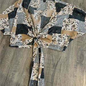 Blue patchwork top with front tie